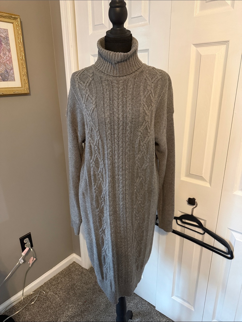 Turtleneck Cable-Knit Sweater Dress - Gray